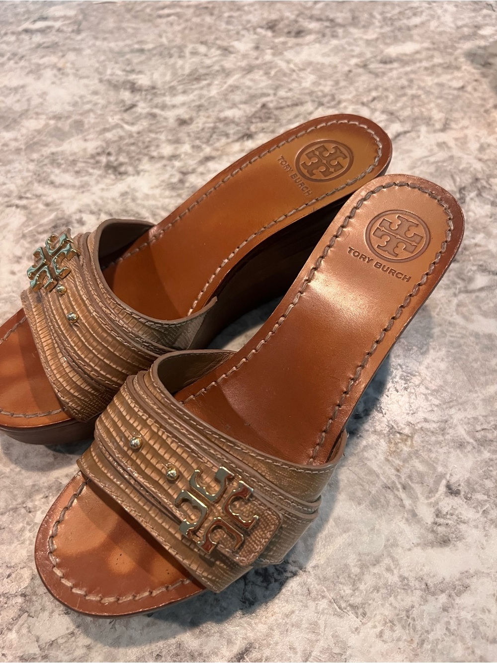 Tory Burch Tan Leather Logo Slide Mules